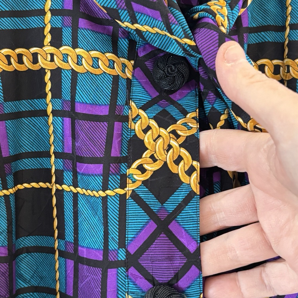 90s Adrianna Papell Silk Shift Dress Womens Blue Purple Plaid Chain Print Bow - Picture 7 of 12
